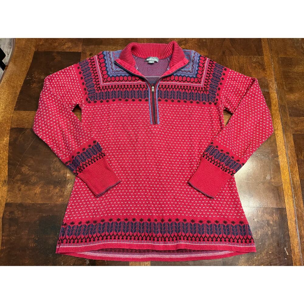 Eddie Bauer Women’s Red Fair Isle Nordic Quarter Zip Sweater Size M Pullover